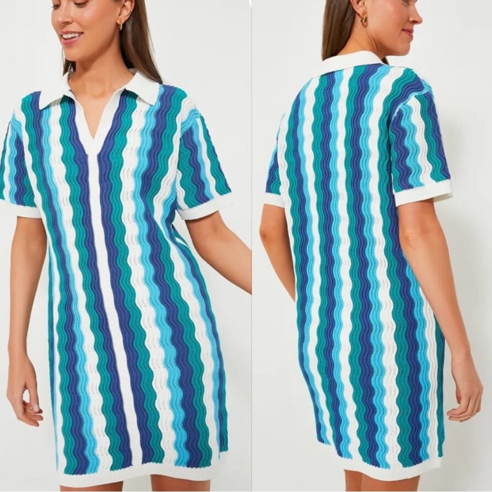 Hyacinth House NEW Aqua Wavy Sammie Blue White Coastal Knit Mini Dress Size XL